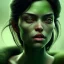 Placeholder: portrait, insanely detailed, heroïc fantasy setting, woman, dark-skinned, indian, octane render, long black hair with green side hairlocks