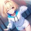 Placeholder: Clear focus, High resolution, short blonde hair, pink eyes, wearing a light blue and white oversized hoodie, wearing white shorts, hair between eyes, smiling, eyes closed