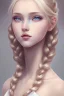 Placeholder: 20 year old girl, cute, beautiful, blonde hair, one loose braid on left side, blue eyes, big eyes, pale skin, blue dress, ice dress, long eyelashes, pink lipstick, thin lips, small nose, semirealistic, 8k resolution concept art portrait