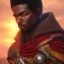 Placeholder: dungeons and dragons, monk, black, african, portrait, face, close up, cloak, clothes, cape, brown fabric, sunset, red sun, single person