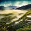 Placeholder: incredible, stunning japanese rice terrace with wood shanties, mountains in the distance, colorful morning sky and mist, 8k, high-quality, ultrafine-detail, intricate, detailed matte, digital painting, artwork, brian froud, howard lyon, Scott Gable, Wajima Ishikawa, Mu Cang Chai, Greg Rutowski