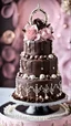 Placeholder: stunning chocolate wedding cacke with black chocolate and pale pink decorations and white pearls, high realistic, high detalied, sharp focus, dynamic lighting, stunning, blur background with pale light