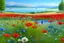 Placeholder: a field of cornflowers and poppies and daisies, a blue sky, bees, butterflies and in the distance flowering trees. In the distance we see a lake and hills. Good definitions, lots of delicate details
