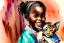 Placeholder: A cute smiling African girl is holding a kitten. Watercolour