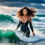 Placeholder: beautiful girl supper model, in nice body suit, with curvy hair,perfect face,perfect eyes,Surfing in huge wave,water with splash,seaside wavy sea ,storm, clouds ,rocky beach