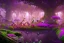 Placeholder: Immersive​ fantasy elven coffee shop in the deep forest green tree pink purple flower blossom river 4k full hd