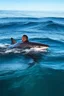 Placeholder: A (((a man in the ocean on a sinking boat))) is in awe of a (((great white shark))), whose form is so distinctively pointed out by the man, with its sleek contours and powerful silhouette drawing attention in the serene (((ocean waters)))