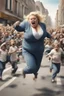 Placeholder: an obese terrified blonde woman crying and sobbing in a pant suit desperately running away from an angry mob of thousands of kids chase her down a city street throwing books at her