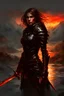 Placeholder: A formidable warrior girl in black armor, on the background Amazing gloomy landscape, flooded with sunset, mountains, trees, fabulous scary hero, , juicy emotions, painting, dark fantasy, bad weather, gloomy day, dark world, by Raymond Swanland & Alyssa Monks & Anna Razumovskaya