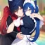 Placeholder: Clear Focus, High resolution, wearing a maid uniform, fluffy hair and a long ponytail, blue hair, cat ears, meowing, hugging another girl with red long fluffy hair also wearing a maid outfit, looking at you