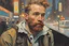 Placeholder: Norman Rockwell oil painting a dreaming young beard colored punk guy in NY metro pop '80s lights oil painting art