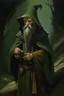 Placeholder: 1970's dark fantasy cover dnd style oil painting of an old herbalist hobo like hero using a dark green and brown cloack with sport outfits with minimalist far perspective.