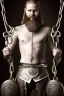 Placeholder: Viking BDSM style, 8K, a Highly detailed portrait of a man holding a submissive woman in a chain, white suit, beard, and short hair