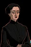 Placeholder: A portrait of a 40-year old british aristocrat woman from XV century in strict dark clothes, authoritative, cold, emotionless, in the style of Genndy Tartakovsky's cartoons