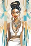 Placeholder: Full color hand drawn sketch, cubism style, grainy, use shadows and shading, visible pencil strokes, an Indonesian woman with striking eyes, white tribal dress, low cut top, native necklaces, visible skin texture, slim and pale tanned-skinned native Indonesian woman, hair in a bun, Bokeh background, golden ratio. Supermodel beautiful and smiling, facing the camera