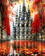 Placeholder: Milan Cathedral. Amanda Clark, Zdzisław Beksiński, Jacek Yerka and Yossi Kotler style mix, surreal whimsical autumn landscape, watercolor- fall foliage is almost over. A beautiful red maple clings to the last of its leaves and a flock of small birds nestled on its branches, watercolour and ink illustration, wet-on-wet, loose water effects, white, red and golden paint splatter, voronoi pattern, richly textured, fluffy clouds, beautiful vibrant colors, opalescent gradient. Modifiers: intricate bea
