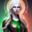 Placeholder: fantasy setting, woman, orange and white hair, green eyes, wavy hair