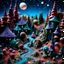 Placeholder: Detailed creepy landscape made of modeling clay, village, stars and planets, Roger Dean, naïve, Tim Burton, strong texture, Ernst Haekel, extreme detail, Max Ernst, decal, rich moody colors, sparkles, Yves Tanguy, bokeh, odd