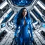 Placeholder: wide-angle photo of a tall thin woman in an electric blue suit, with long glowing blue wavy hair, on a space station with views into space