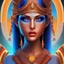 Placeholder: 3D close-up of a beautiful Arab pharaonic girl, sarcastic smile, high contrast, glowing backlighting, blue and red backlighting, vibrant hair, dark brown eyes, sharp focus, high makeup, medium face painting, background blur.