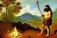 Placeholder: caveman holding a club, cave, cave bear, campfire, stone age, Impressionism, masterpiece, mellow, dawn,