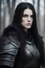 Placeholder: portrait of a athletic woman warrior, long black hair, redish eyes, pale skin, black medieval armor, black wolf pelt over her shoulders.