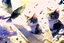 Placeholder: two cute anime chibi cats on either side of the picture looking at a pigeon in the top centre of the picture, flying with an envelope in its mouth in sunshine, flowerfield, watercolor and black ink outlines, ethereal, cinematic postprocessing, bokeh, dof