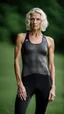 Placeholder: photography of a beautiful anorexic woman, anthracite satin triathlon top, sports illustrated, platinum blond short wavy bob haircut, pronounced sternum, flat chest, anthracite short leggins