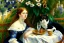 Placeholder: Two cats on a terrace. Auguste Renoir. Perfect brown eyes with perfect iris, perfect pupils.