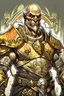 Placeholder: A Goliath (D&D race), tall, muscular, dark gray skin and bald. He has several white tribal tattoos. He wears a full heavy armor, golden color. He has a very serious look. In the image you have to see at least half a bust. He doesn’t have to be a human. It’s important he’s a Goliath. The style of the image is oil painting, in fantasy style.