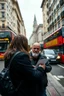 Placeholder: A stalker wants an autograph from a long-haired rock musician on a street in central London. The stalker is an overweight soon bald 25-year-old and looks a bit slimy, the atmosphere is oppressive and unpleasant, lot of traffic and london busses, hectic hour, a nice hotel