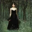 Placeholder: Night, one woman in black dress lost in the forest, flowers, vegetations, creepy, gloomy, doom metal influence, berthe morisot paintings, and alfred stevens paintings