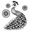 Placeholder: white, A peacock have a two foot white sunflower decoration, line art, white background, outline, with images neatly contained within the background, just black and white color, full body, no color. Looking front , front view, 8k