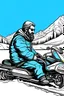 Placeholder: woodcut of male polar explorer with beard in profile. He is sitting on a snowmobile/snøscooter. The background is arctic mountain. The artwork is light blue, white, and black colored