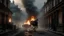 Placeholder: dusting of snow, Victorian London Street in ruins, flames and smoke billows from smashed windows, a horse is running toward the viewer, the horse is on fire, war scene, Apocalyptic, photo-realistic, widescreen, cinematic,