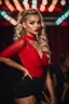 Placeholder: Beautiful girl dancer, blonde hair , bold lipstick, night club stage, braided bangs, braided bobcut, solo, 18yo,(on back:1.2) ,red midi dress, portrait