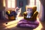 Placeholder: cute fluffy chibi cat reads sitting in a big soft armchair, covered with a plaid blanket, a teapot and steaming tea on a small table next to her, in sunlight. The fire in the fireplace is blazing.