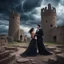 Placeholder: Hyper Realistic photographic-view Handsome-Muscular-Man In Black-tuxedo & beautiful-woman-with-whirling-black-hair-&-black-gown-cold-breeze & both-getting-romantic in the middle of an ancient-prehistoric-castle-ruins with wedding-setup & UFOs on cloudy-maroon-sky with thunderstorm giving it a dramatic & cinematic ambiance