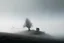Placeholder: a surreal landscape photography of a tree in a hill, a rustic house is in the far, a flock of birds are near the house, winter, fog, solitude, lonely, minimalistic, realistic, taken with a medium format camera at 25mm