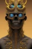 Placeholder: black male African alien, cracks in the voodoo head, wicked, Asian eyes, crown, blood, 8k, finely detailed, photo realistic, Boris Vallejo style turquoise skull head gold dragon space alien rain skeleton gold tooth silver helmet silver space suit spaceships