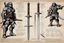 Placeholder: series of weapons concept sheet with AD&D statistics and characteristics, [high res illustration by Kevin Eastman and Peter Laird for TMNT module T04] leonardo's katana, michelangelo's nunchaku, donatello's bo staff, raphael's sai