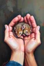Placeholder: "An oil painting with rich textures and expressive brushstrokes depicts a mouse peacefully sleeping in to two hands palms The mouse’s fur harmonizes with the scene, that blend with the warmth of the hands ,The hands are painted in a vibrant artistic style, contrasting with natural hands skin