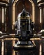 Placeholder: star wars r6 series astromech with short conical head, flat on top, shiny black body, gold trim, inside the jedi temple, centered portrait, hyperdetailed, dynamic lighting, hyperdetailed background, 8k resolution, volumetric lighting, fully symmetric