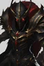 Placeholder: handsome Dark lord in black and gold armor with grey skin and red eyes, and a ghostly black flowing cape