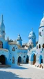 Placeholder: A light pale blue village in winter season designed in ancient Egyptian architecture and sculptures painted by Antoni Gaudi