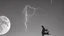 Placeholder: evening, under the light of the moon, the shadow of a man, resting a lightning musical note on his hands