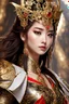 Placeholder: Realistic photography,front_view, Beautiful Queen fairy super model Chinese Woman, brown hair,dressing luxury party gown,looking at viewer,traditional dress ornaments mechanical armor china traditional, intricate armor, delicate golden shine bright, black metalic parts, detailed part, jewelry diamonds,dynamic pose,abstrac background, dynamic lighting, red hour, full body portrait