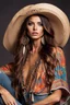 Placeholder: high fashion magazine, studio photography, portrait of a hippie cowgirl, young spanish beauty model, longer hair, beautiful face, beautiful skin advertising