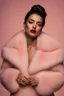 Placeholder: Minimalistic portrait of a beautiful woman with red lips and cold big eyes wearing earrings, a light pink fur coat in a haute couture style isolated on a dark background, cinematic lighting, ultra-realistic, shot in the style of hasselblad