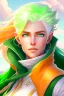 Placeholder: fantasy setting, woman ranger traveler with orange and white hair, pastel green eyes, kind, soft facial traits